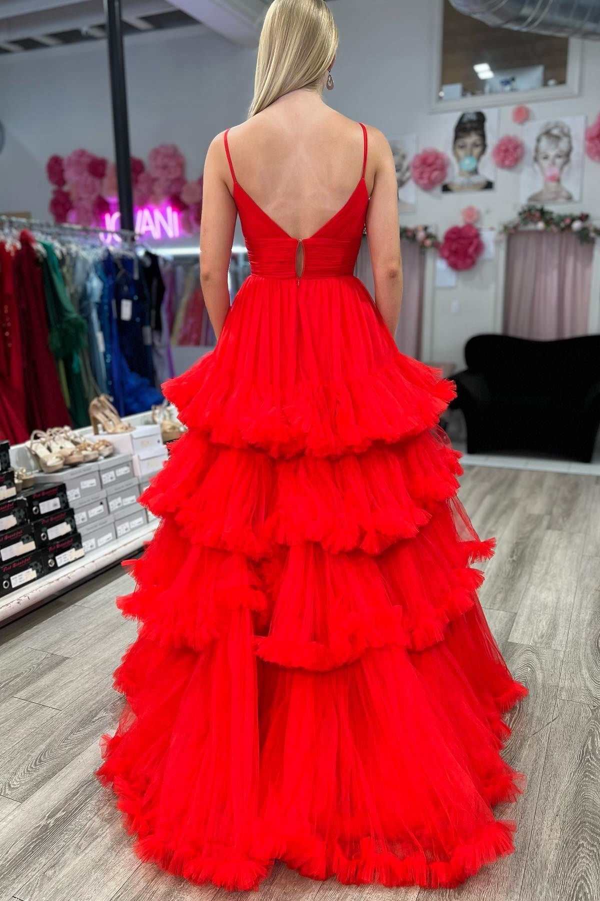 Skye |A-line V-Neck Tulle Prom Dress with Tiered Ruffles