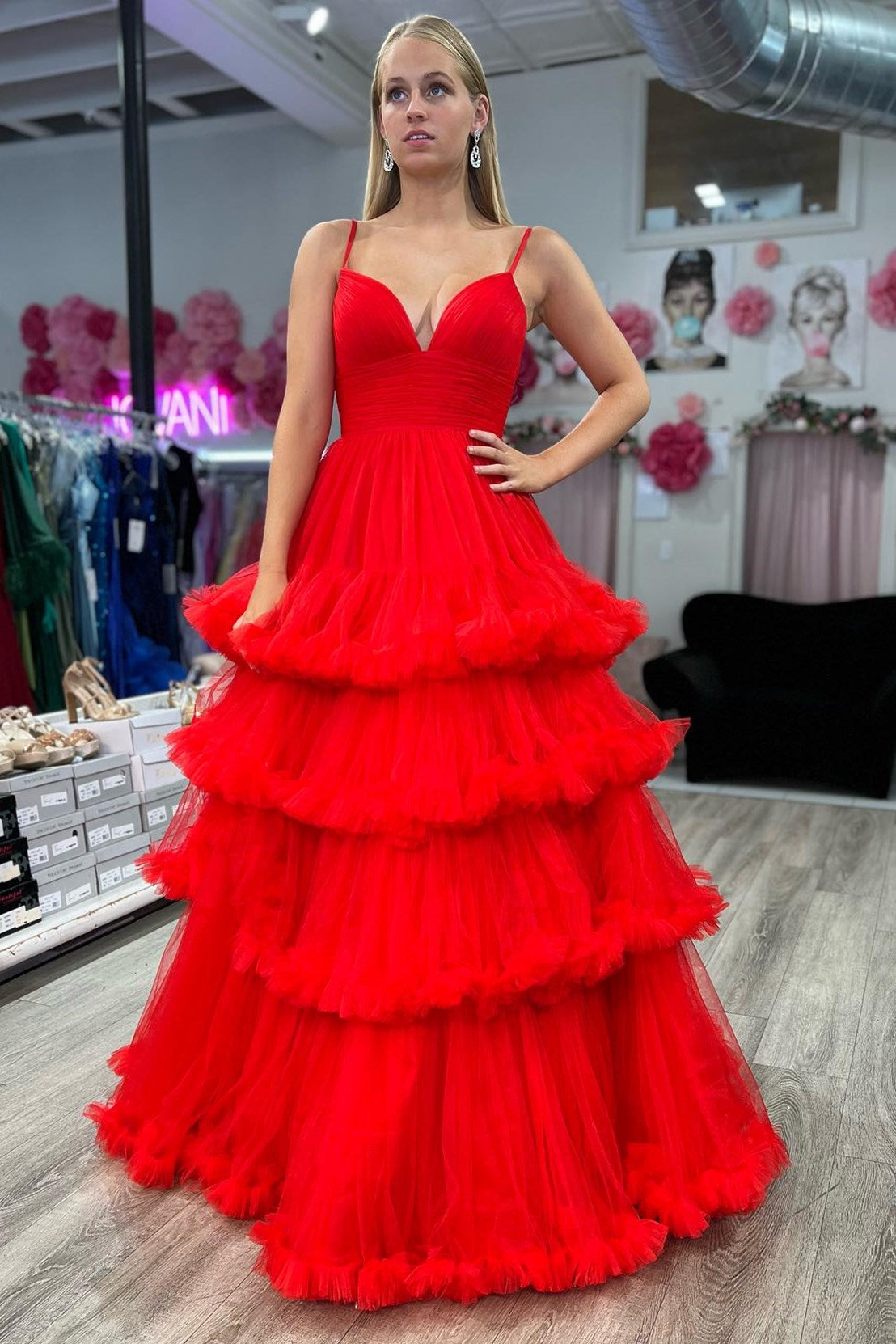 Skye |A-line V-Neck Tulle Prom Dress with Tiered Ruffles