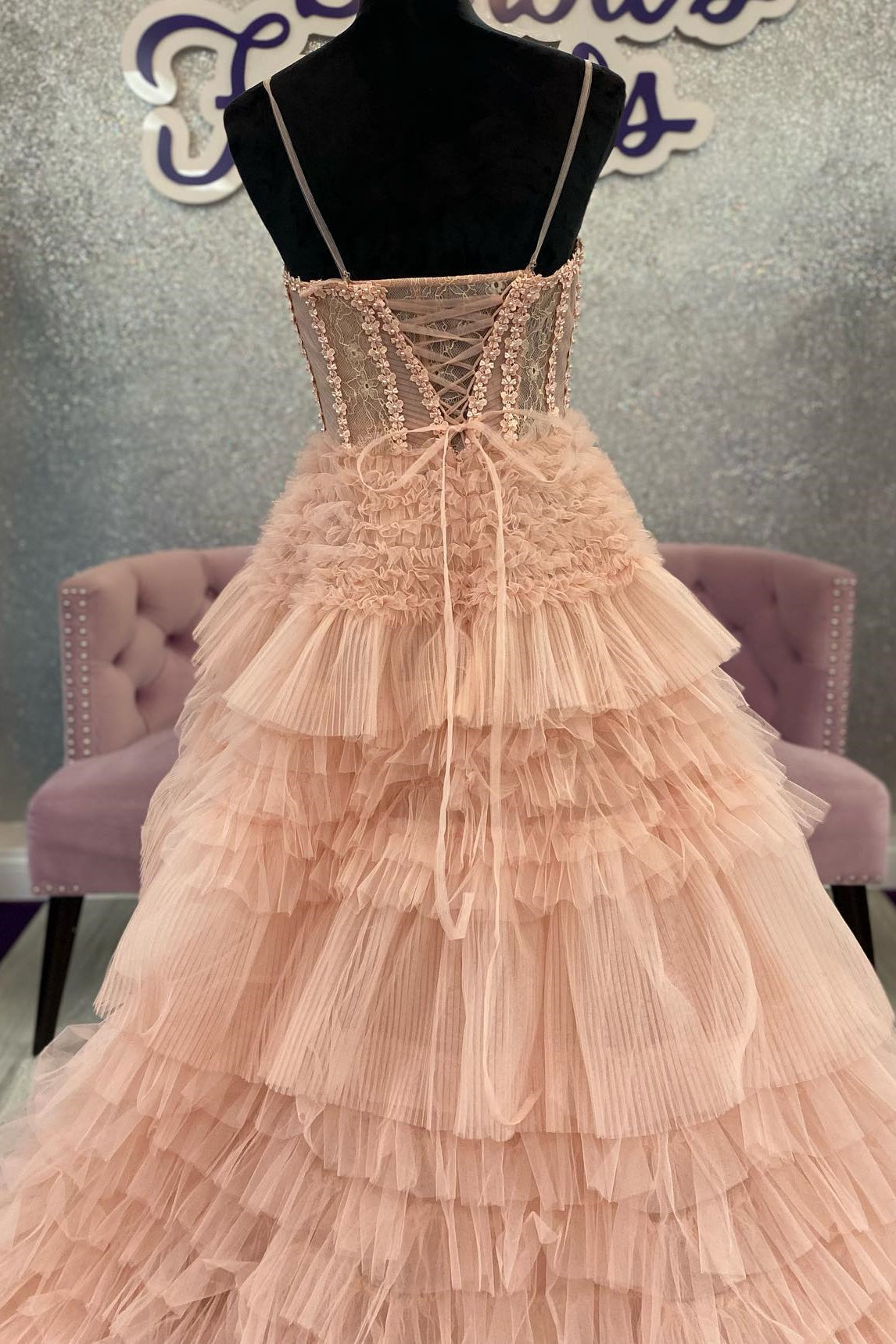 Averi | Blushing Pink Tulle Ruffle Layers Lace-Up Back A-Line Prom Dress
