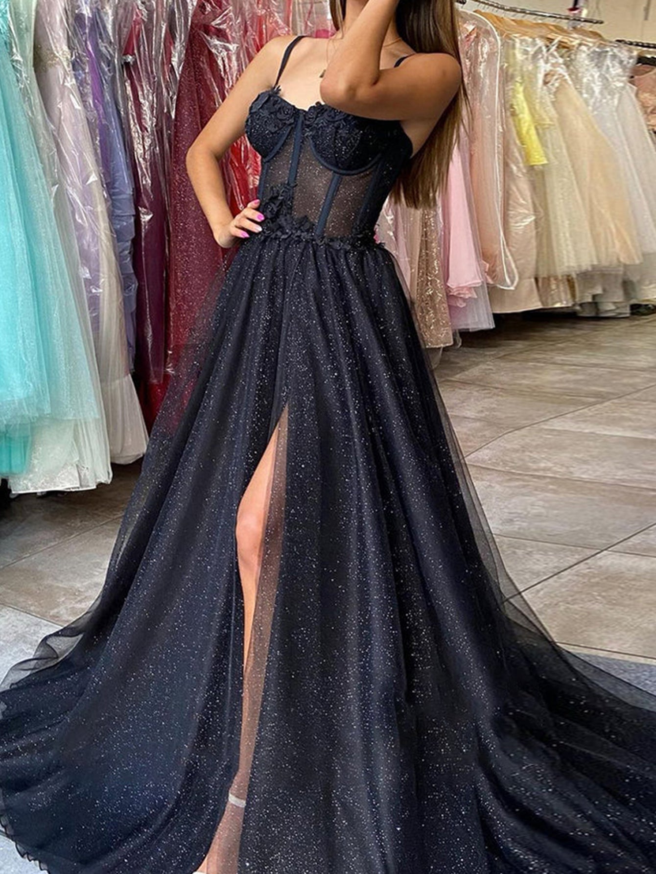 Keily Black A-line Spaghetti Straps Glitter Tulle Prom Dress with Slit
