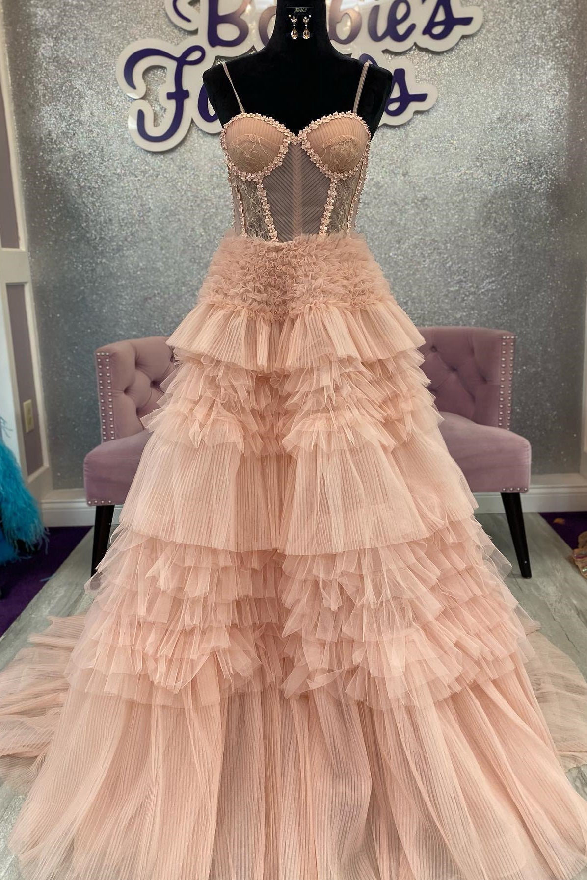 Averi | Blushing Pink Tulle Ruffle Layers Lace-Up Back A-Line Prom Dress