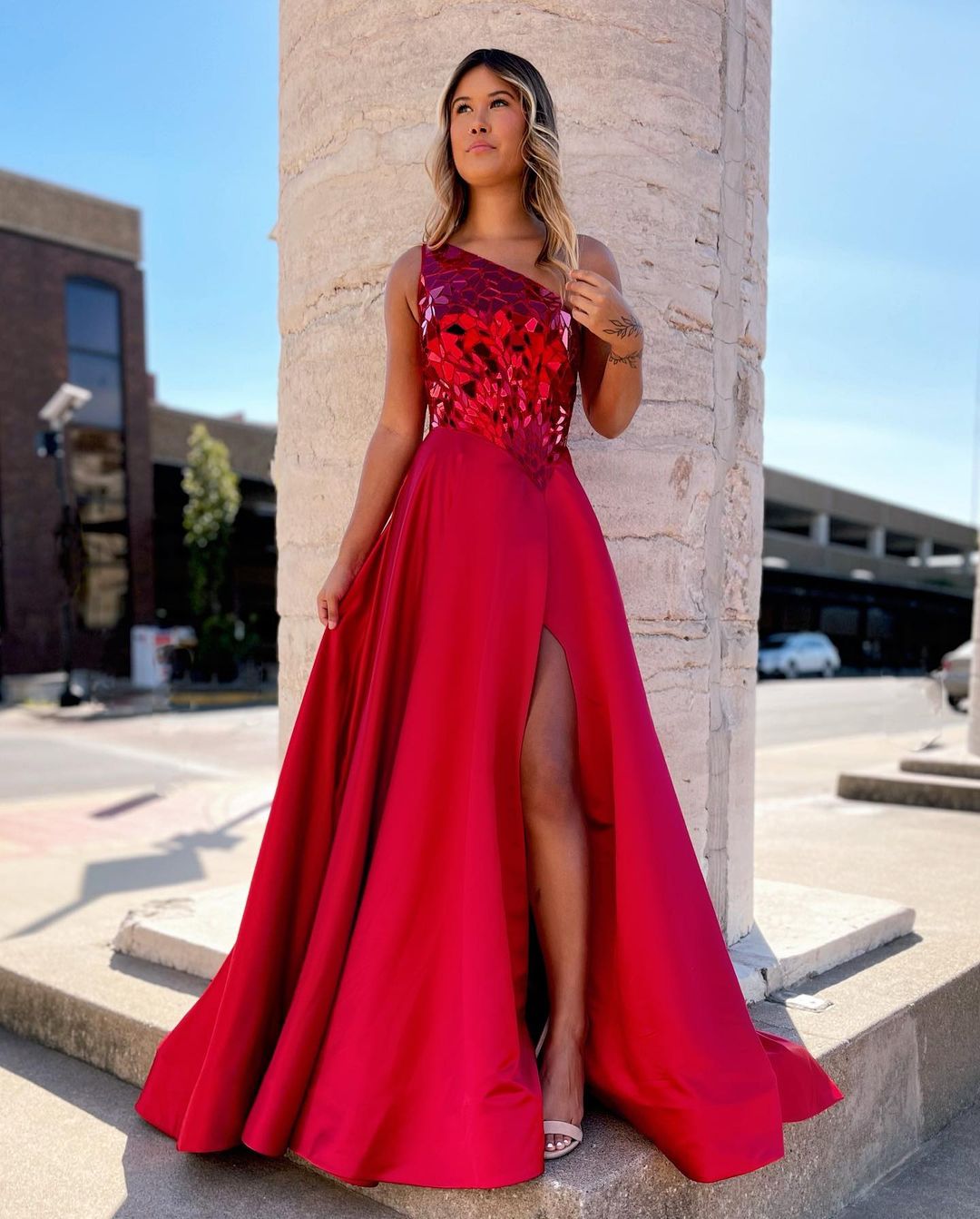 Magnolia |A Line One Shoulder Sequins Long Prom Dress with Slit