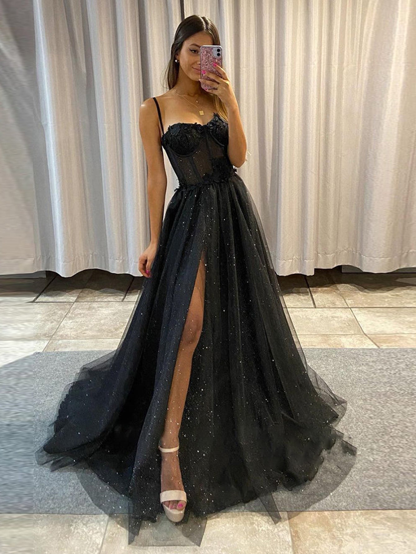 Keily Black A-line Spaghetti Straps Glitter Tulle Prom Dress with Slit ...