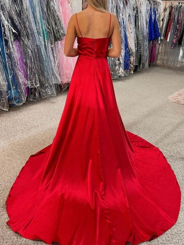 Araya |A Line Cowl Neck Satin Prom Dress With Slit - KissProm