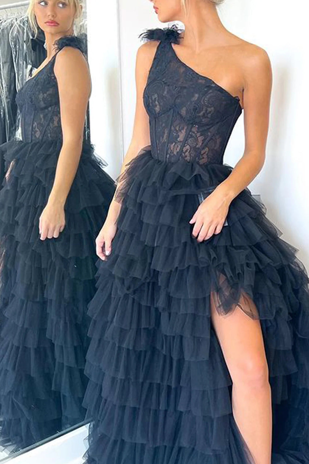 Kinsley | A Line One Shoulder Tiered Long Prom Dress
