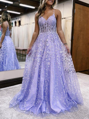 A Line Spaghetti Straps Lilac Corset Prom Dress with Appliques
