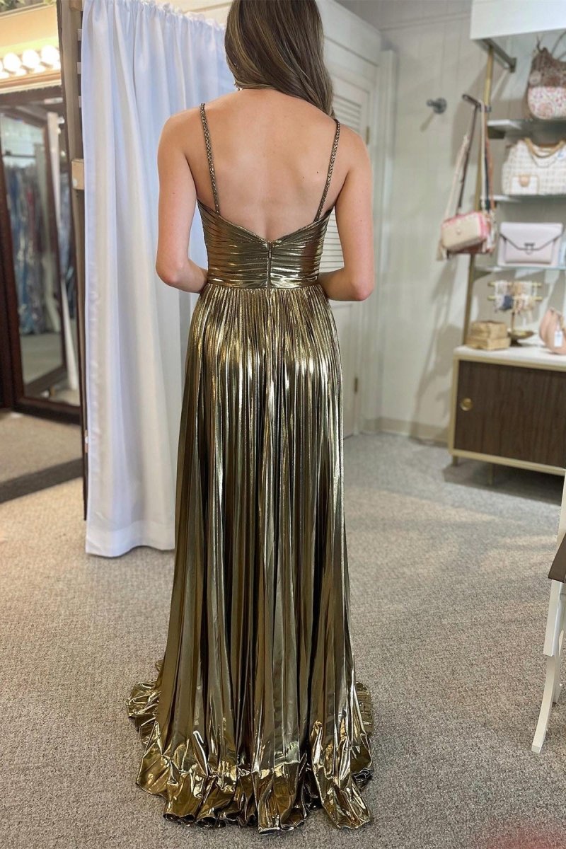 Madalyn Metallic Aline Prom Dress Gold & Purple Halter Gown with Slit