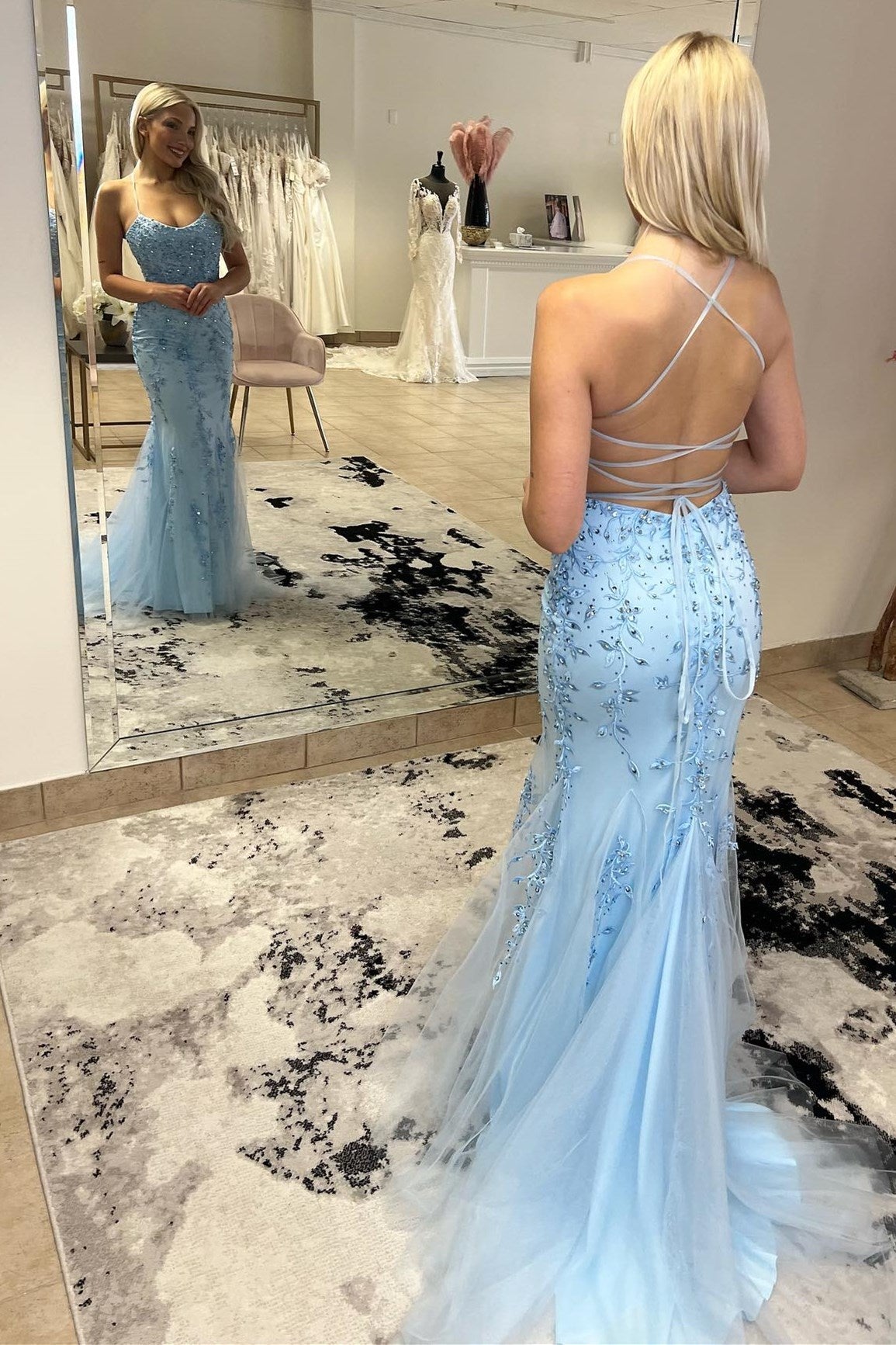 Harley |Mermaid Scoop Appliqued Prom Dress with Lace up Back