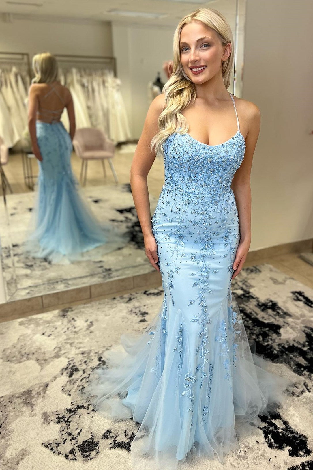 Harley |Mermaid Scoop Appliqued Prom Dress with Lace up Back