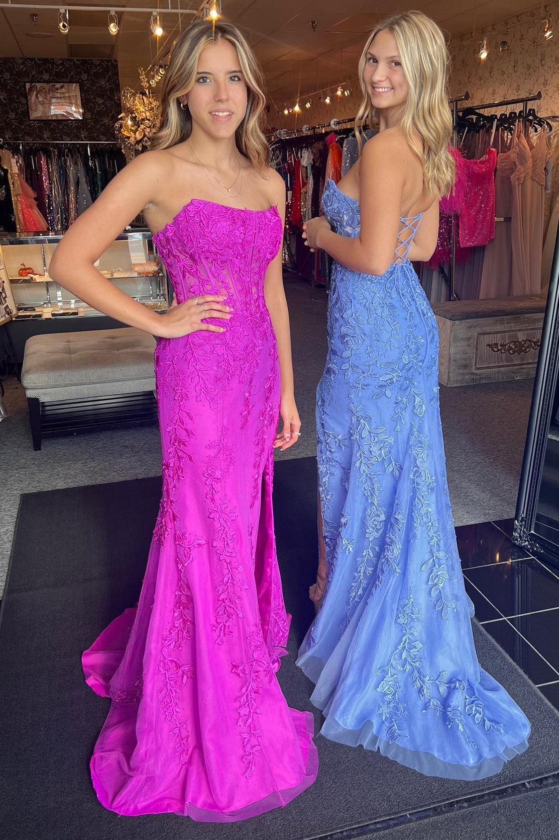 Leyla| Mermaid Strapless Lace Tulle Prom Dress with Slit