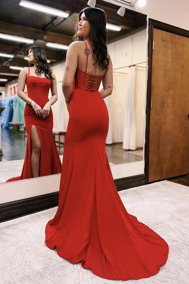 Paislee |Red Mermaid Satin Scoop Neck Long Prom Dress