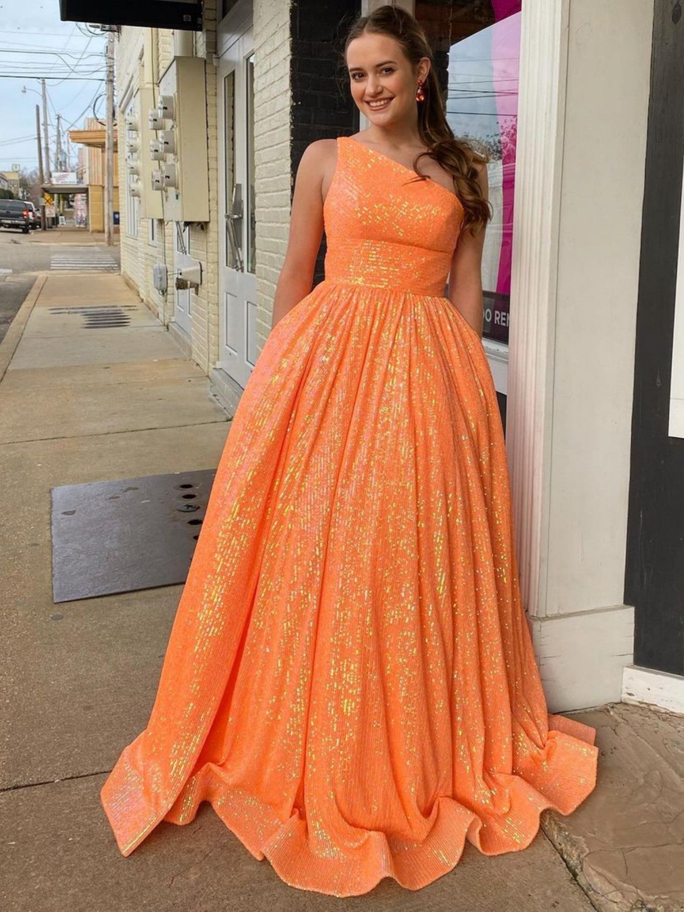 Shop simple v-neck satin yellow prom dress with pockets from Hocogirl.com