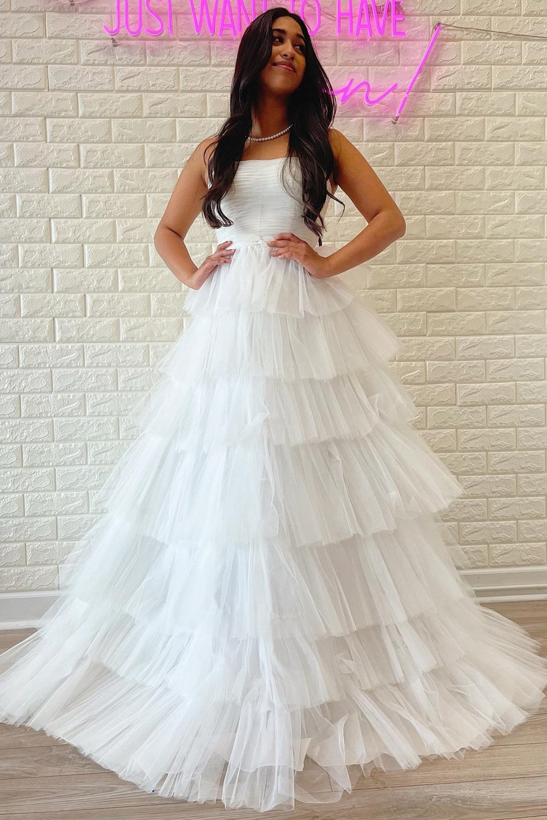 Daleyza |A-Line Strapless Tiered Tulle Prom Dress with Ruffles