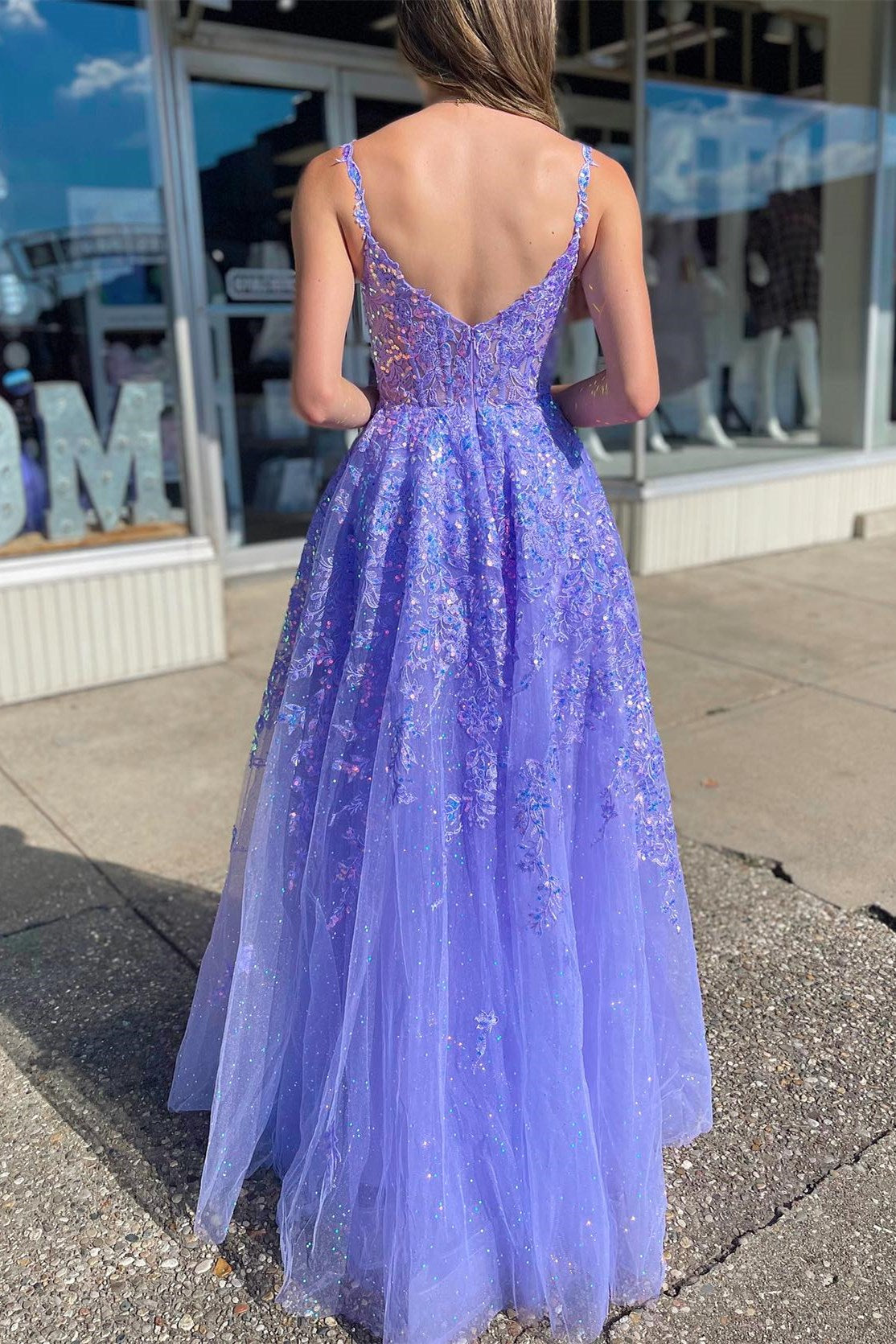 Emberly| A-Line Glitter Tulle Appliqued Prom Dress with Slit