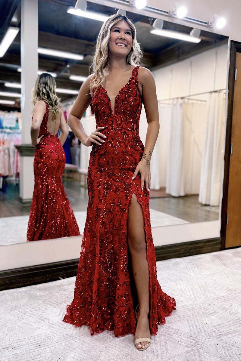 Avianna |Mermaid V Neck Sequined Lace Prom Dress with Slit