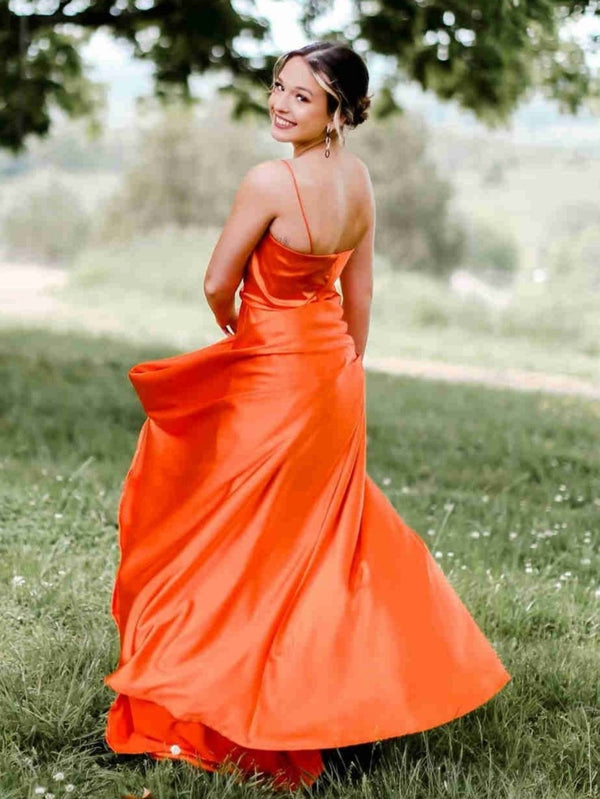 Araya |A Line Cowl Neck Satin Prom Dress With Slit - KissProm