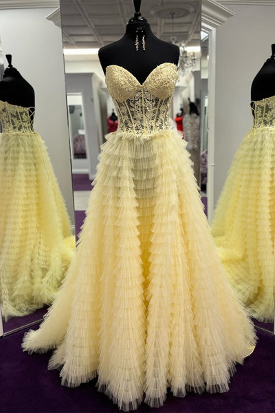 Strapless Long Gold Tulle Prom Dress With Butterfly #E017 