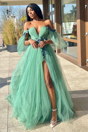 Whitley | Green Tulle 3D Floral Lace Off - the - Shoulder A - Line Long Prom Dress - KissProm