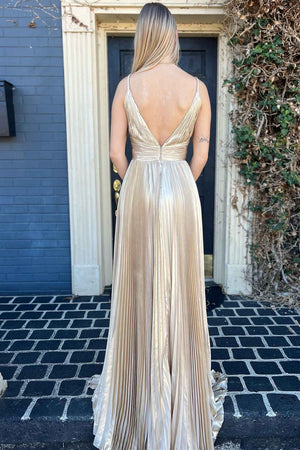 Barbara | Plunging V - Neck Gold Pleated Long Prom Dress - KissProm