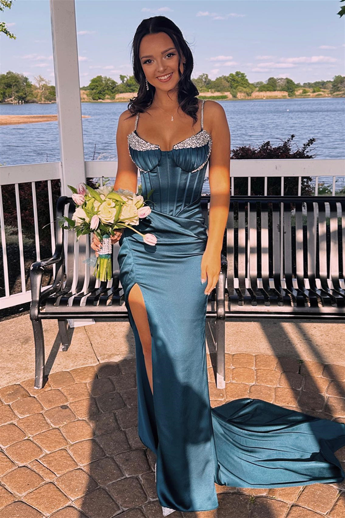 Jaylah | Ink Blue Beaded Mermaid Straps Satin Long Prom Dress with Slit