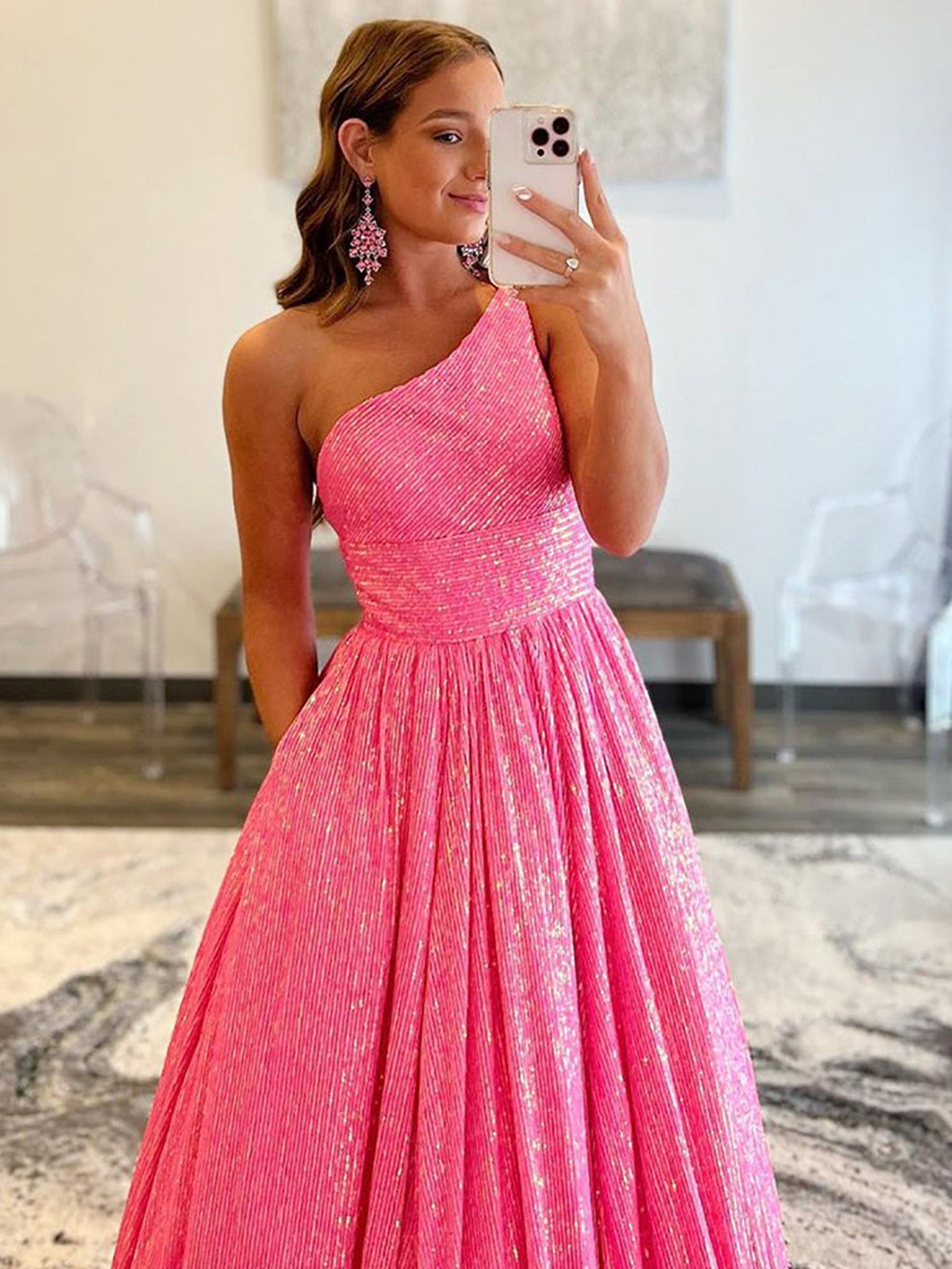 Sequin Lace-Bodice Homecoming Dress with Feathers Neon Pink / 00