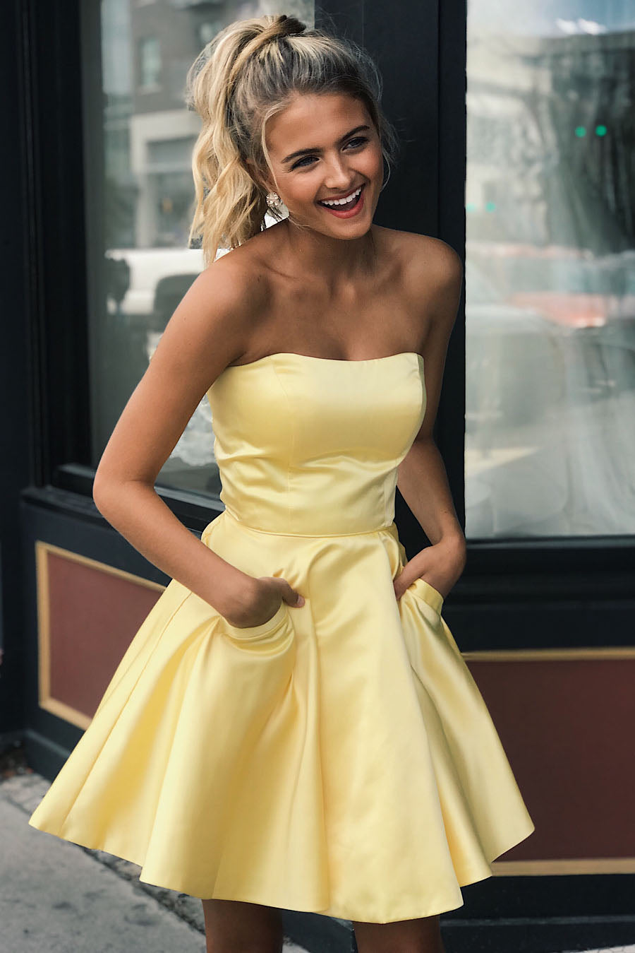 Lisa |A-Line Strapless Satin Homecoming Dress with Pockets