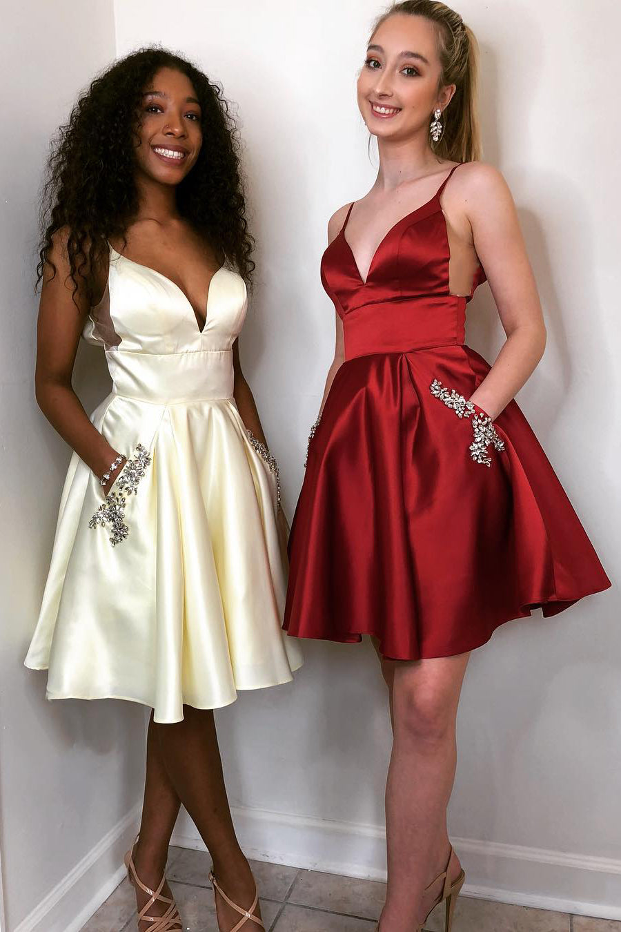Tamsin |A-line Spaghetti Straps Satin Homecoming Dress with Pockets