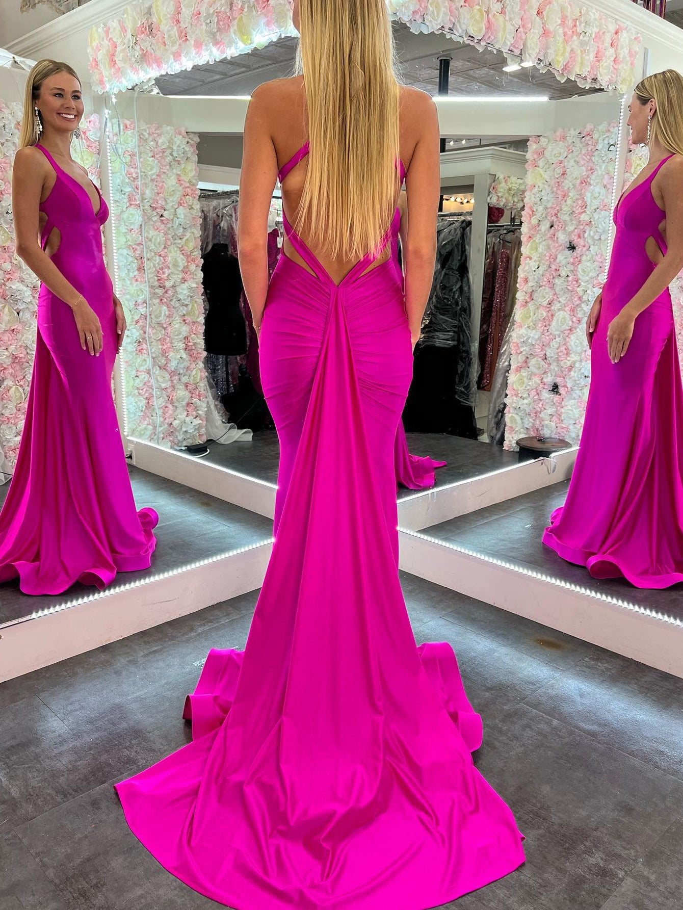 Angela |Mermaid Pink V Neck Backless Satin Long Prom Dress