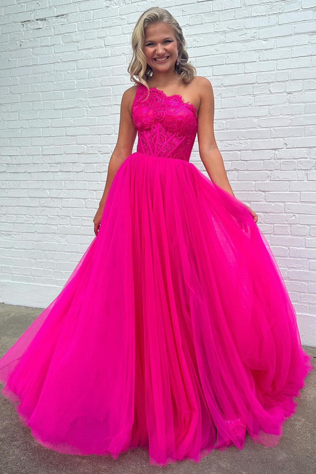Madilyn |A-line One Shoulder Lace Tulle Prom Dress with Slit