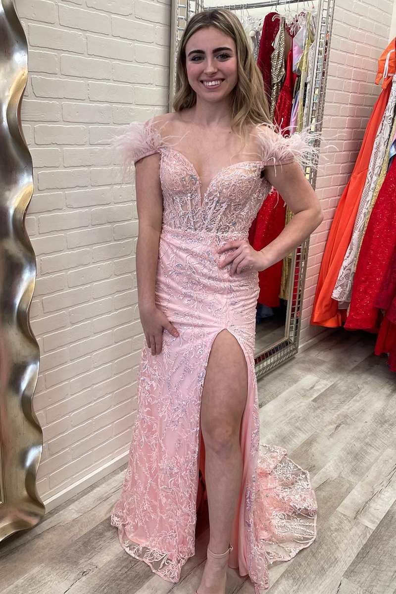 Paloma |Mermaid Feather Off the Shoulder Lace Prom Dress