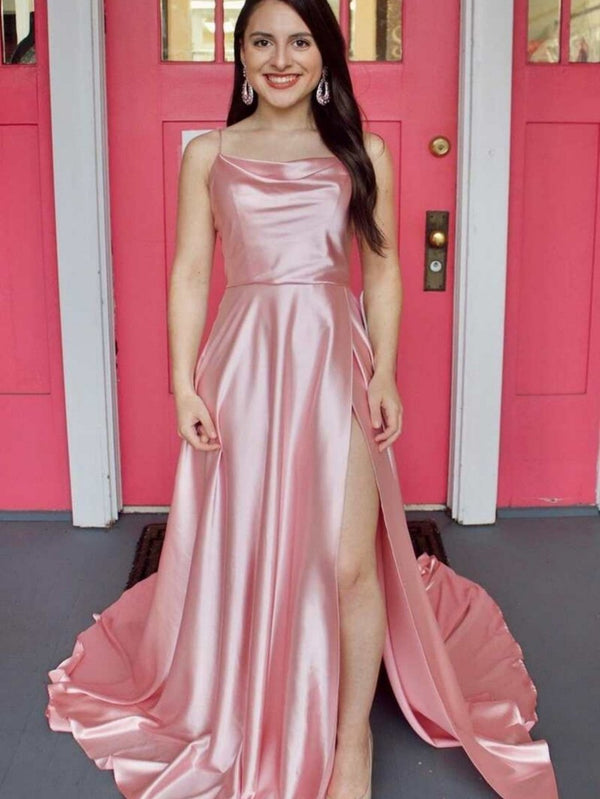 Araya |A Line Cowl Neck Satin Prom Dress With Slit - KissProm