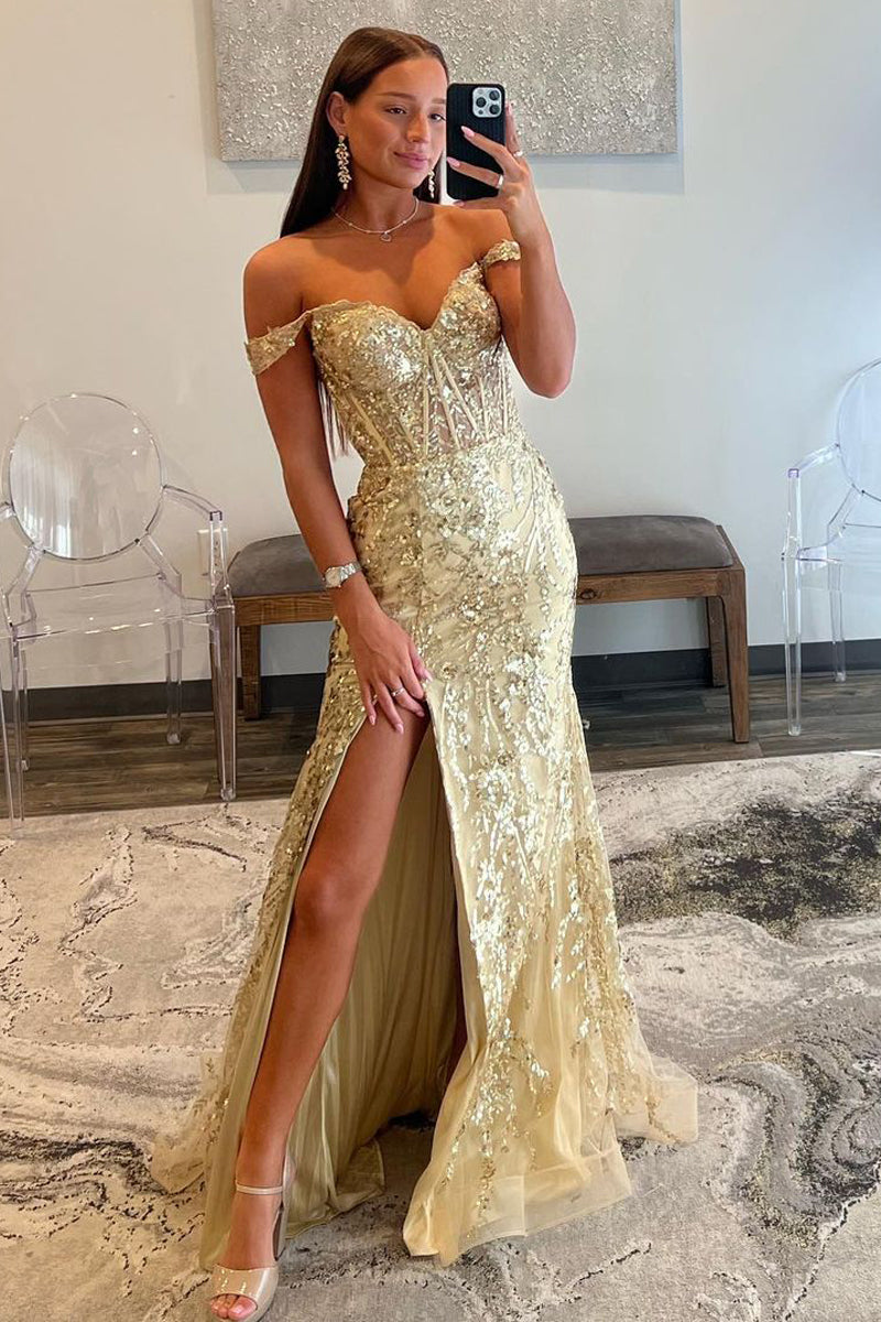 Soleil | Gold Sequin Lace Off the Shoulder Mermaid Prom Dress