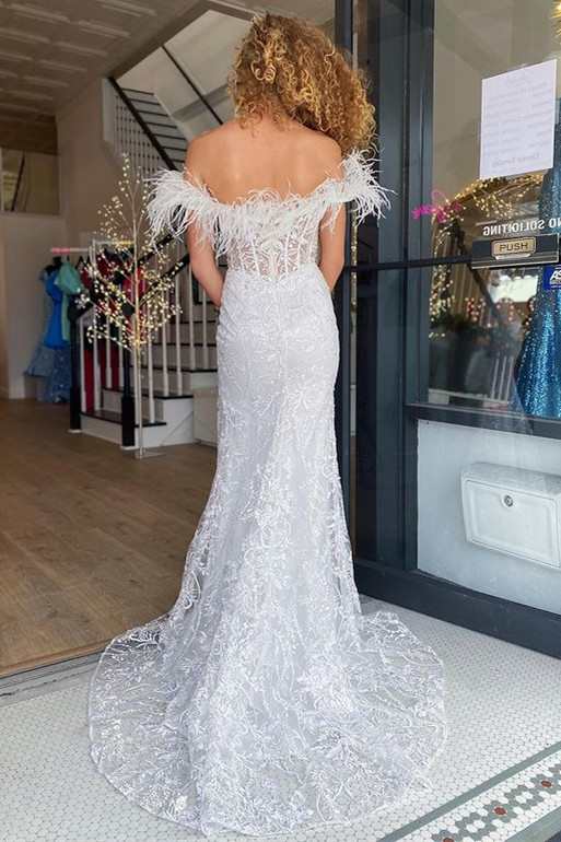 Paloma |Mermaid Feather Off the Shoulder Lace Prom Dress