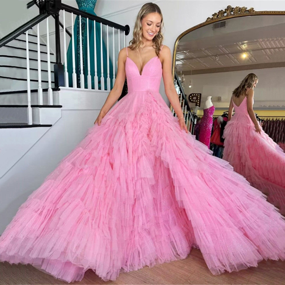 Fluffy Pink Dress Ball Gowns, Tulle Ball Gown Straps