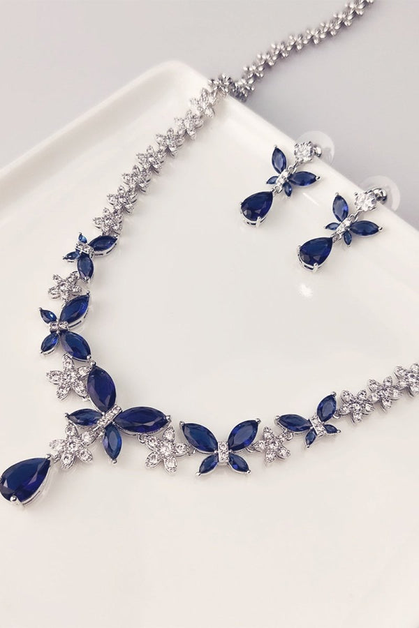 Royal Blue Butterfly Crystal Drop Earrings Necklace Jewelry Set - KissProm