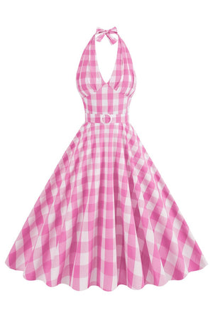 Pink Halter Plaid Sleeveless 1950s Dress With Belt - KissProm