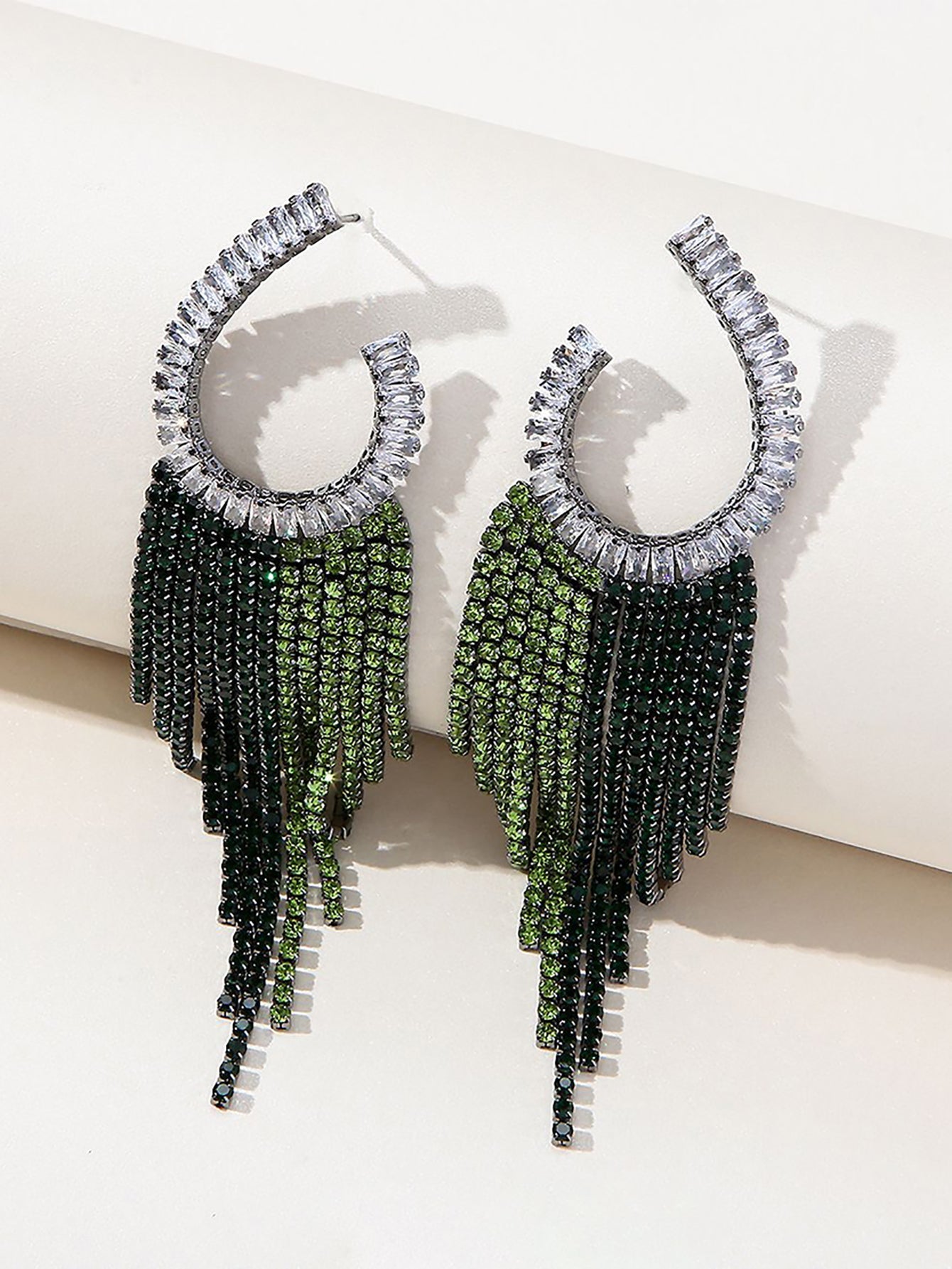 Green Statement Rhinestones Tassel Long Earrings