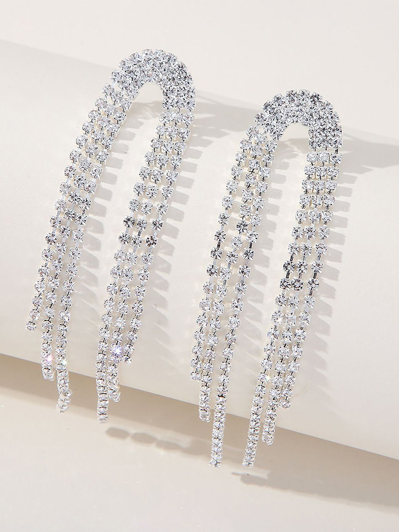 Tassel Silver Rhinestones Long Chain Earrings