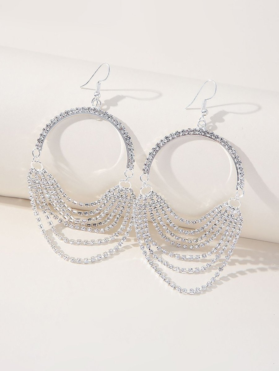Silver Rhinestones Tassel Hoop Round Earrings - KissProm