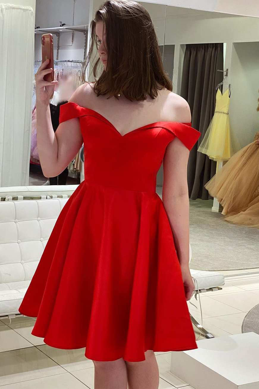 Uma |Red Off The Shoulder A Line Satin Homecoming Dress