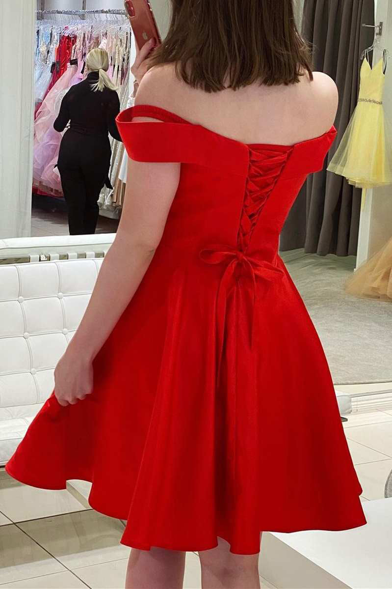 Uma |Red Off The Shoulder A Line Satin Homecoming Dress