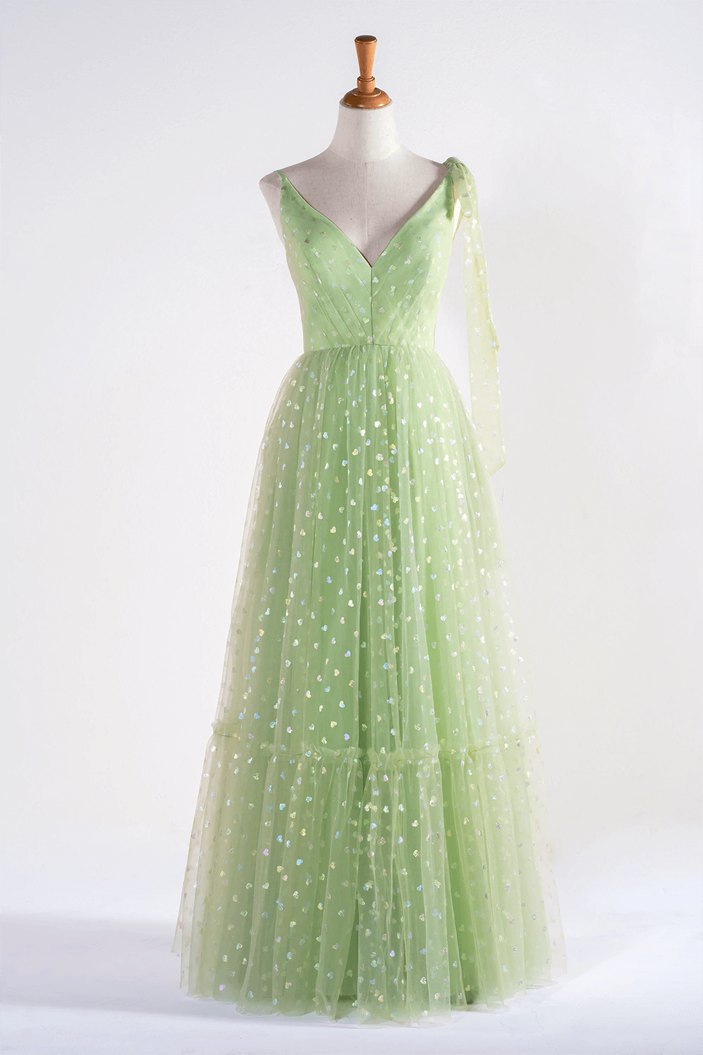 V-neck Dotted Floor Length Tulle Prom Dress