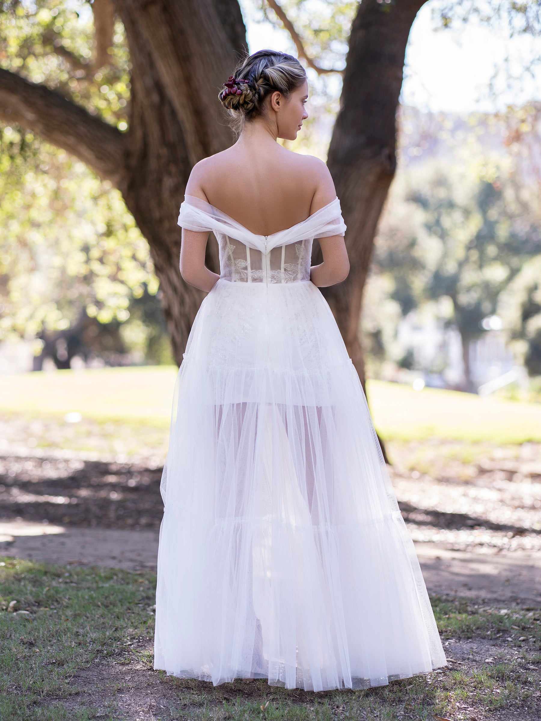 Off Shoulder A-Line Tulle Ivory Prom Dress
