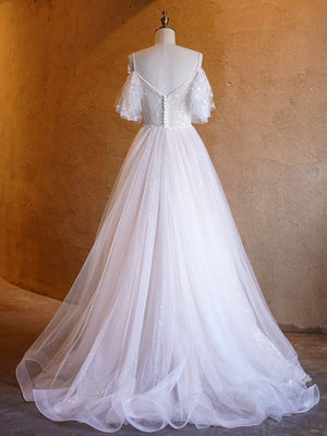 A - line V - neck Pearl Embellished Tulle Lace Floor Length Prom Dresses - KissProm