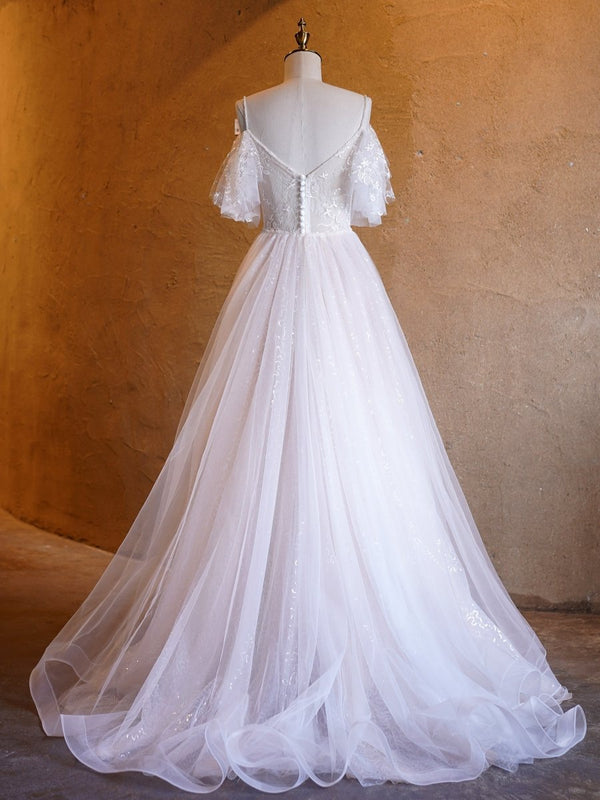 A - line V - neck Pearl Embellished Tulle Lace Floor Length Prom Dresses - KissProm