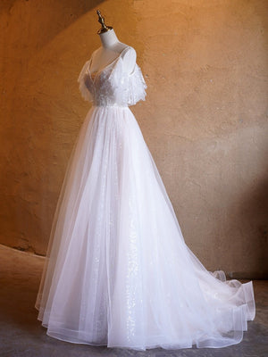 A - line V - neck Pearl Embellished Tulle Lace Floor Length Prom Dresses - KissProm