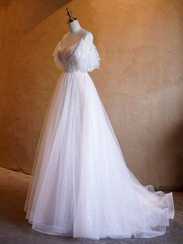 A - line V - neck Pearl Embellished Tulle Lace Floor Length Prom Dresses - KissProm