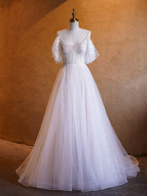 A - line V - neck Pearl Embellished Tulle Lace Floor Length Prom Dresses - KissProm