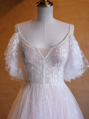 A - line V - neck Pearl Embellished Tulle Lace Floor Length Prom Dresses - KissProm