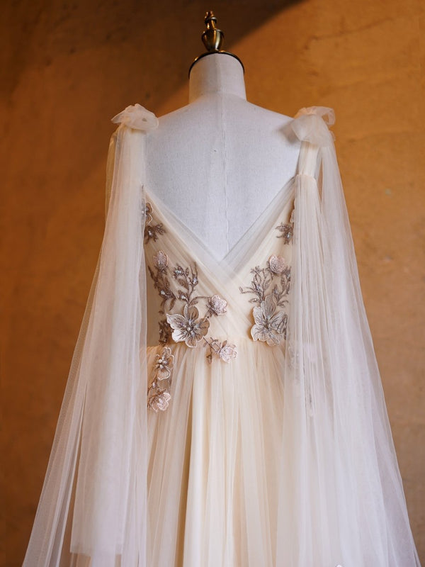 A - line Tulle Embroidery Deep - V Neck Floor - Length Prom Dresses - KissProm